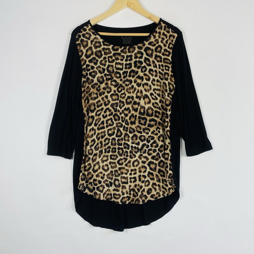 Chico's Black Animal Print Chiffon Front 3/4 Sleeve Shirt Top Women's 1 Medium 8